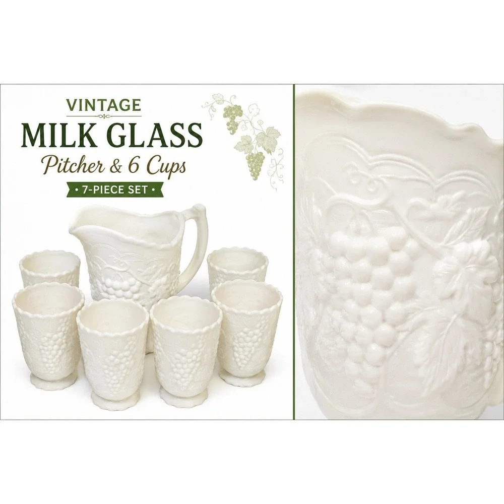 Vintage White Embossed Grape Pitcher & Six Cups Set Ceramic Farmhouse Rustic